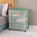 Carrello portaoggetti ampio a 3 cassetti con rotelle, cassetti trasparenti e ruote – Verde