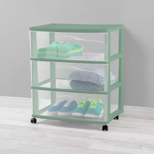 Carrello portaoggetti ampio a 3 cassetti con rotelle, cassetti trasparenti e ruote – Verde