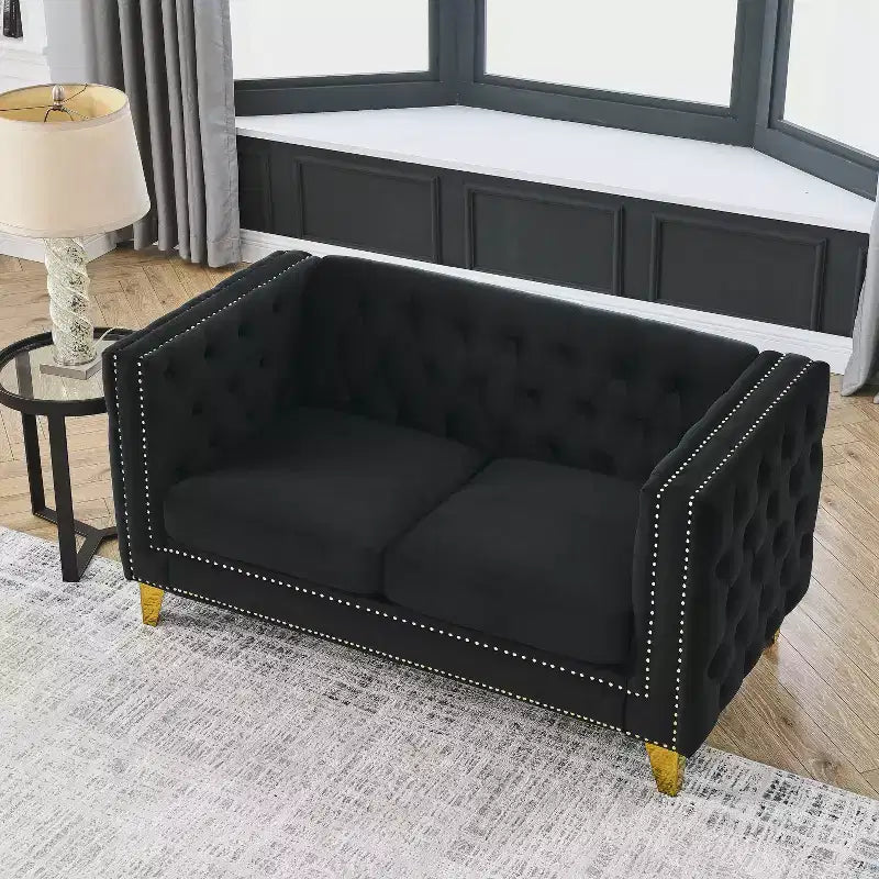 Button-Tufted Velvet Sofa with Square Arms and Metal Legs - Modern Upholstered Couch for Living Room or Bedroom