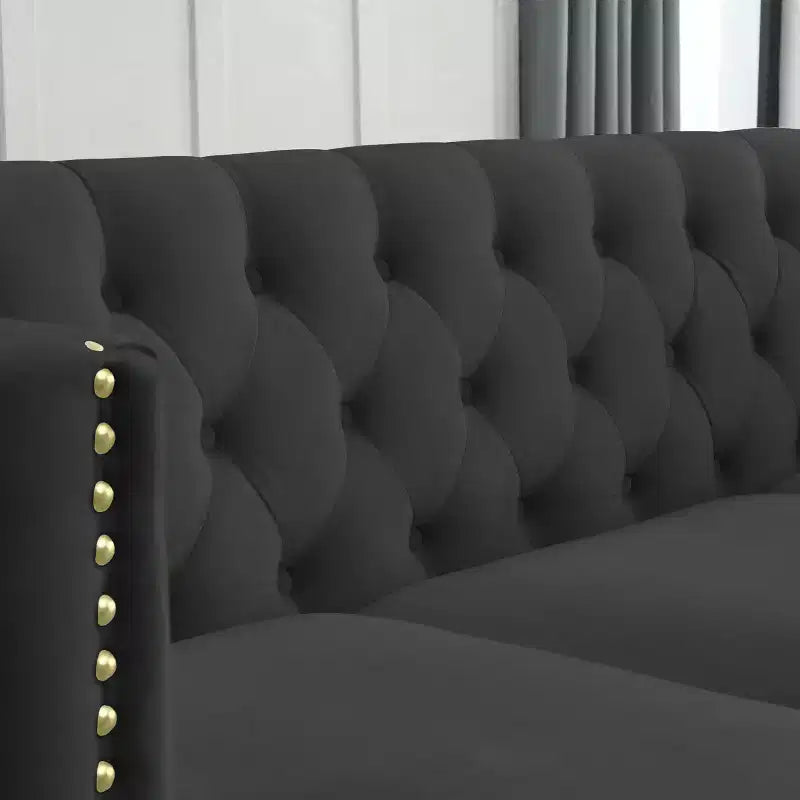 Button-Tufted Velvet Sofa with Square Arms and Metal Legs - Modern Upholstered Couch for Living Room or Bedroom