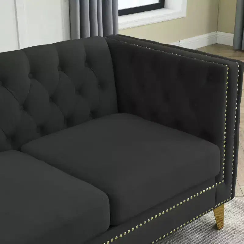 Button-Tufted Velvet Sofa with Square Arms and Metal Legs - Modern Upholstered Couch for Living Room or Bedroom