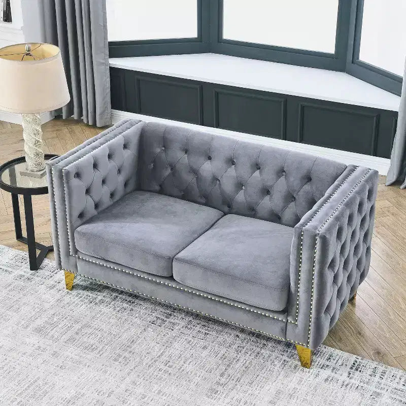 Button-Tufted Velvet Sofa with Square Arms and Metal Legs - Modern Upholstered Couch for Living Room or Bedroom