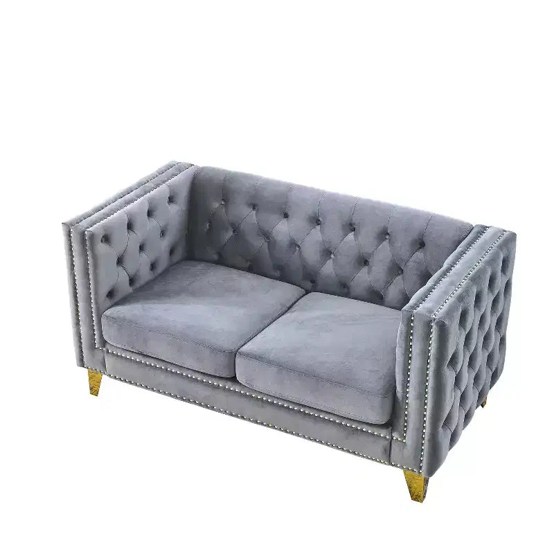 Button-Tufted Velvet Sofa with Square Arms and Metal Legs - Modern Upholstered Couch for Living Room or Bedroom