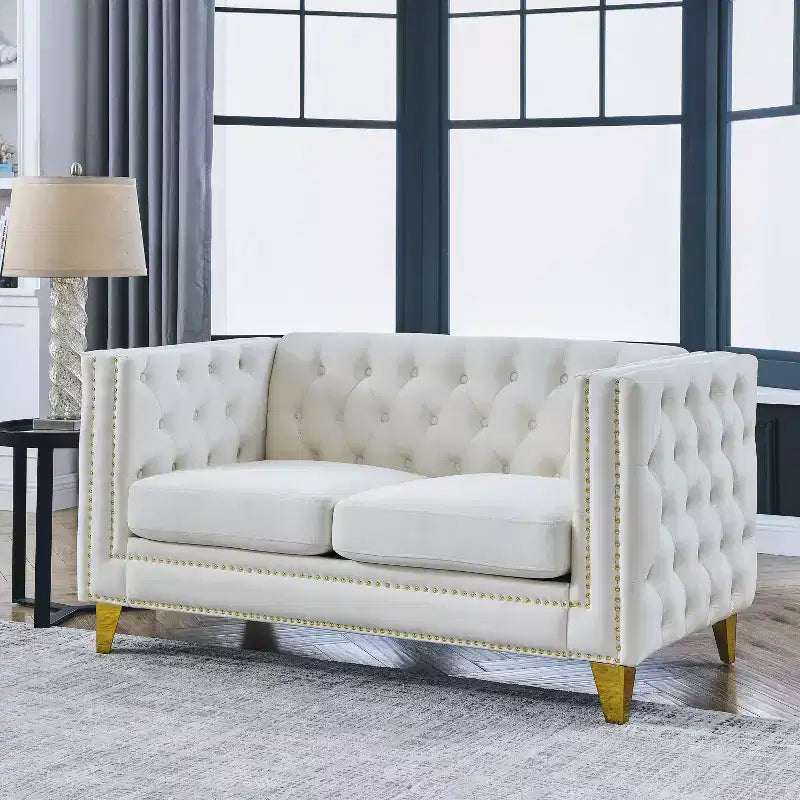 Button-Tufted Velvet Sofa with Square Arms and Metal Legs - Modern Upholstered Couch for Living Room or Bedroom