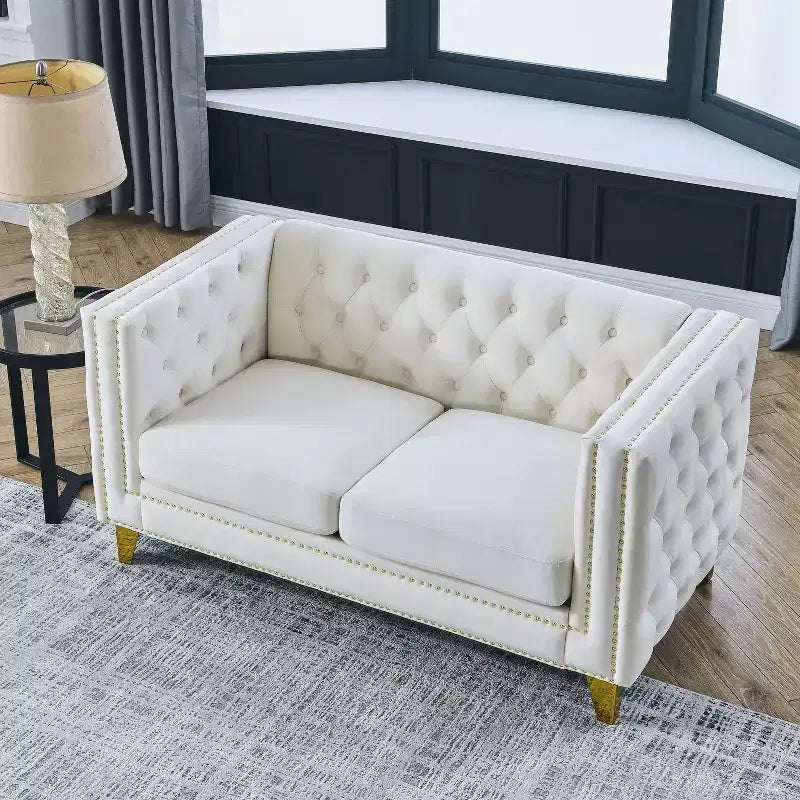 Button-Tufted Velvet Sofa with Square Arms and Metal Legs - Modern Upholstered Couch for Living Room or Bedroom