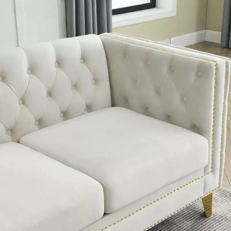 Button-Tufted Velvet Sofa with Square Arms and Metal Legs - Modern Upholstered Couch for Living Room or Bedroom