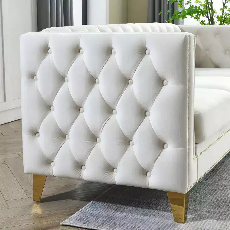 Button-Tufted Velvet Sofa with Square Arms and Metal Legs - Modern Upholstered Couch for Living Room or Bedroom
