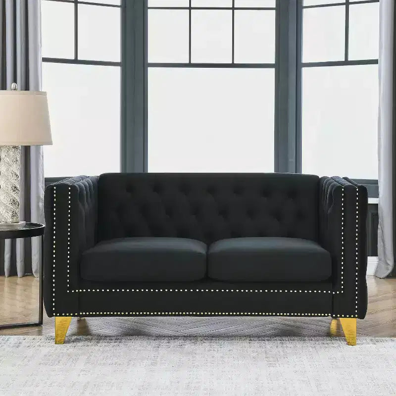 Button-Tufted Velvet Sofa with Square Arms and Metal Legs - Modern Upholstered Couch for Living Room or Bedroom
