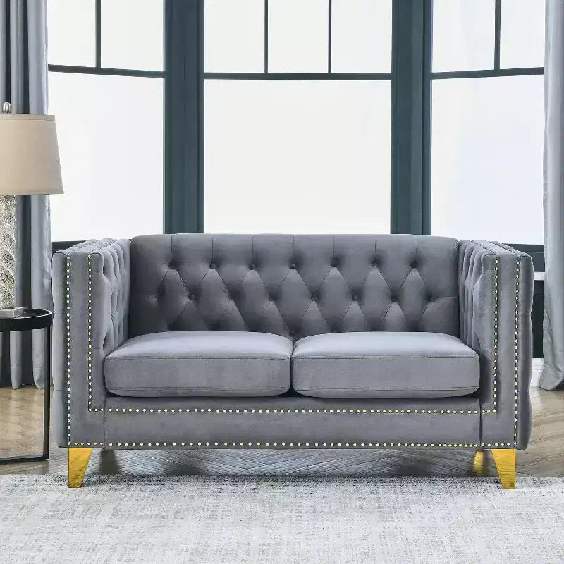 Button-Tufted Velvet Sofa with Square Arms and Metal Legs - Modern Upholstered Couch for Living Room or Bedroom