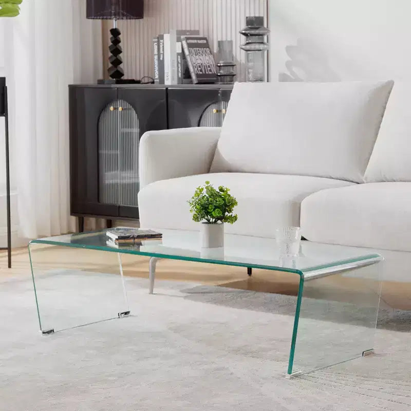 Bekrvio 47.2'' Tempered Glass Coffee Table, V-Shape One Piece Large Glass Coffee Table with 4 Metal Leg Mats