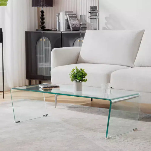 Bekrvio 47.2'' Tempered Glass Coffee Table, V-Shape One Piece Large Glass Coffee Table with 4 Metal Leg Mats
