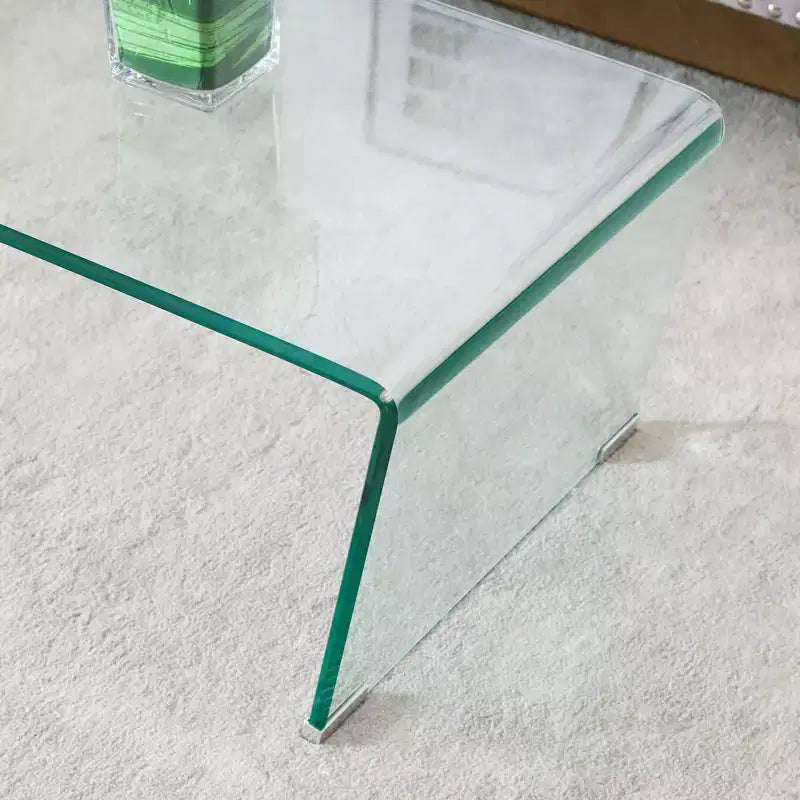 Bekrvio 47.2'' Tempered Glass Coffee Table, V-Shape One Piece Large Glass Coffee Table with 4 Metal Leg Mats