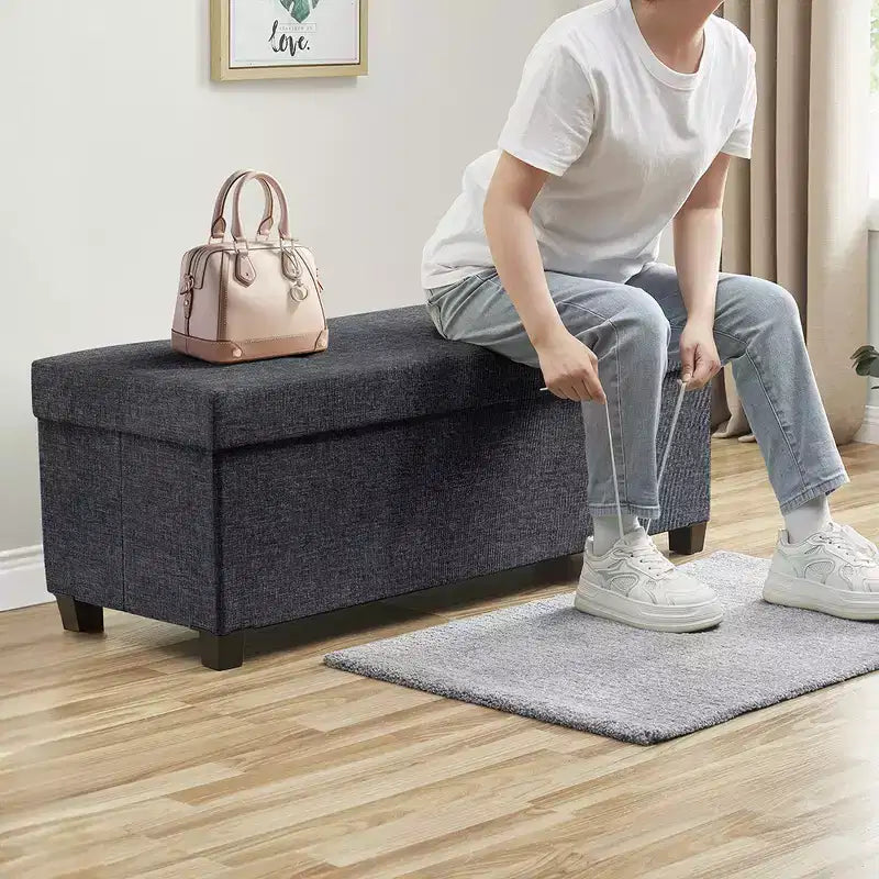 Ornavo Home Foldable Tufted 43 Inch Long Linen Bench Storage Ottoman with Legs for Bedroom, Entryway and Living Room