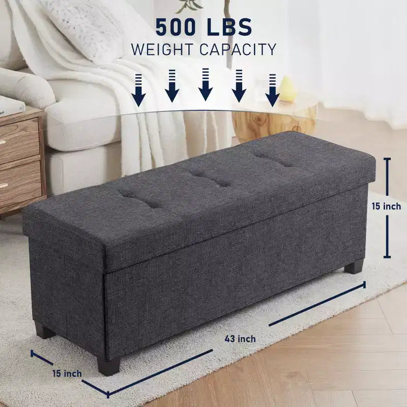 Ornavo Home Foldable Tufted 43 Inch Long Linen Bench Storage Ottoman with Legs for Bedroom, Entryway and Living Room