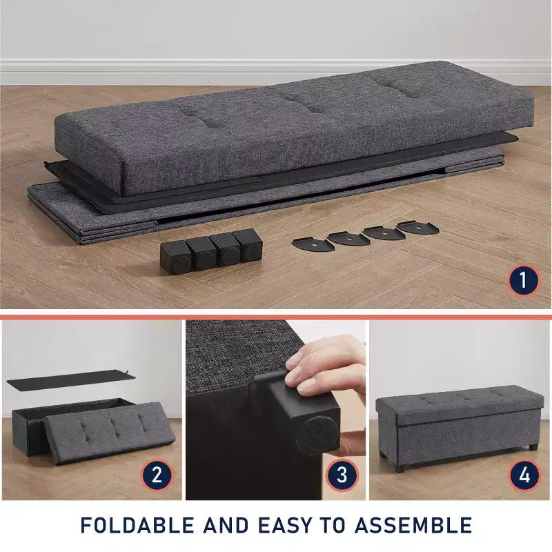Ornavo Home Foldable Tufted 43 Inch Long Linen Bench Storage Ottoman with Legs for Bedroom, Entryway and Living Room
