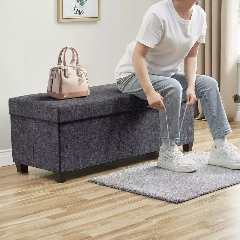 Ornavo Home Foldable Tufted 43 Inch Long Linen Bench Storage Ottoman with Legs for Bedroom, Entryway and Living Room