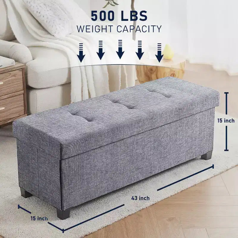 Ornavo Home Foldable Tufted 43 Inch Long Linen Bench Storage Ottoman with Legs for Bedroom, Entryway and Living Room