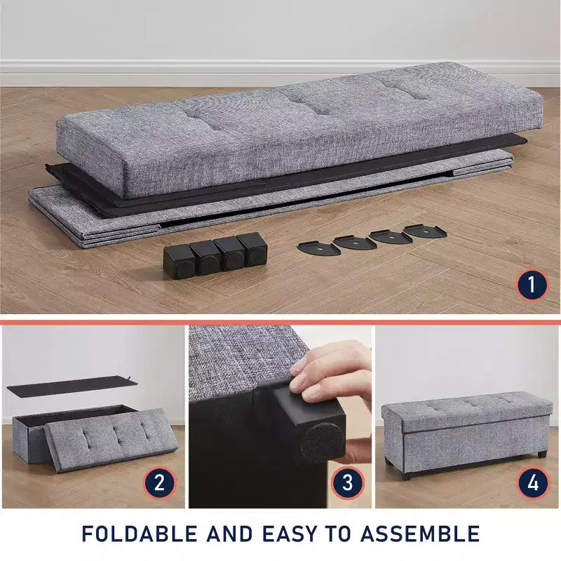 Ornavo Home Foldable Tufted 43 Inch Long Linen Bench Storage Ottoman with Legs for Bedroom, Entryway and Living Room
