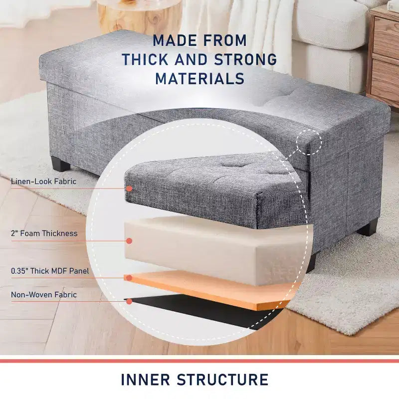 Ornavo Home Foldable Tufted 43 Inch Long Linen Bench Storage Ottoman with Legs for Bedroom, Entryway and Living Room