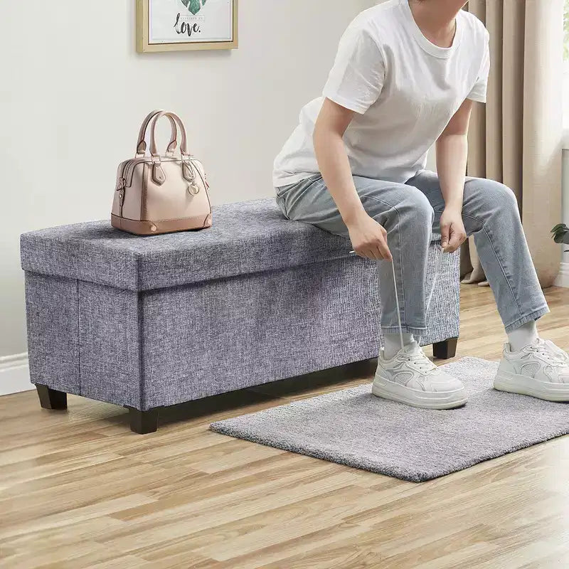 Ornavo Home Foldable Tufted 43 Inch Long Linen Bench Storage Ottoman with Legs for Bedroom, Entryway and Living Room