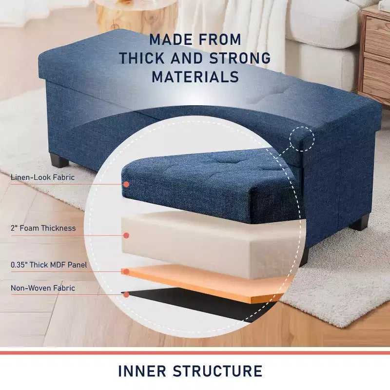 Ornavo Home Foldable Tufted 43 Inch Long Linen Bench Storage Ottoman with Legs for Bedroom, Entryway and Living Room