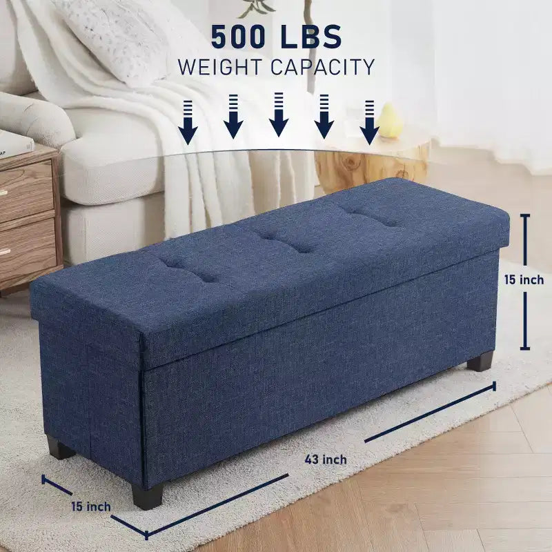 Ornavo Home Foldable Tufted 43 Inch Long Linen Bench Storage Ottoman with Legs for Bedroom, Entryway and Living Room