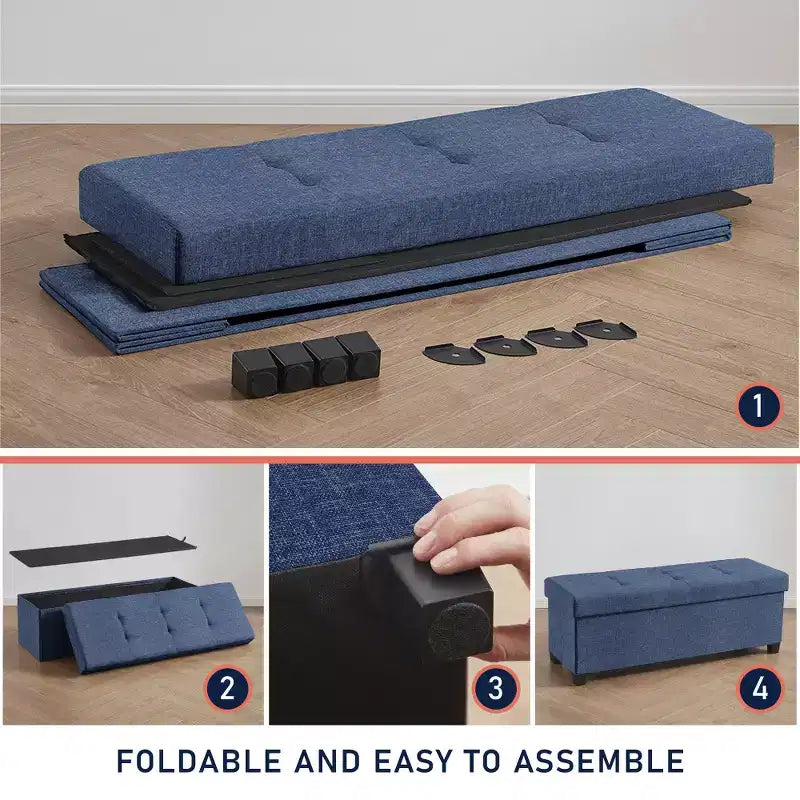 Ornavo Home Foldable Tufted 43 Inch Long Linen Bench Storage Ottoman with Legs for Bedroom, Entryway and Living Room
