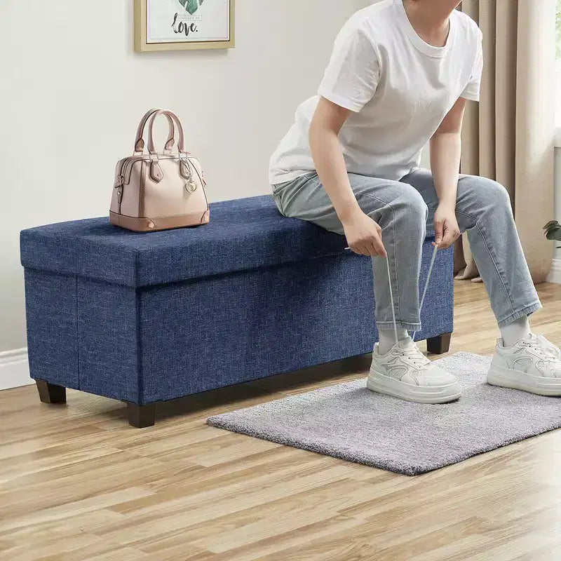 Ornavo Home Foldable Tufted 43 Inch Long Linen Bench Storage Ottoman with Legs for Bedroom, Entryway and Living Room