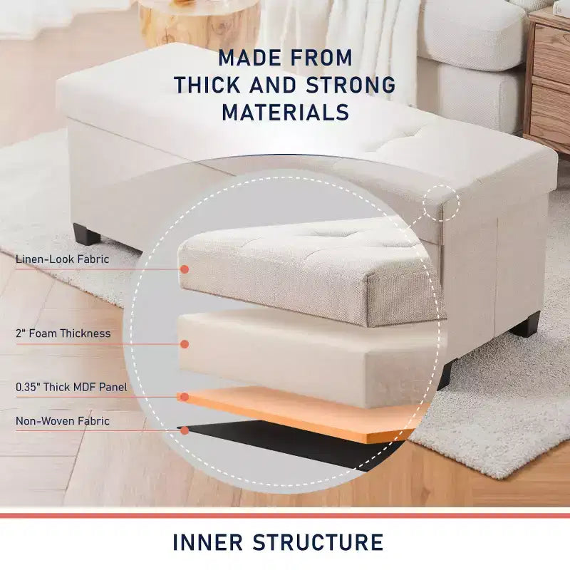 Ornavo Home Foldable Tufted 43 Inch Long Linen Bench Storage Ottoman with Legs for Bedroom, Entryway and Living Room