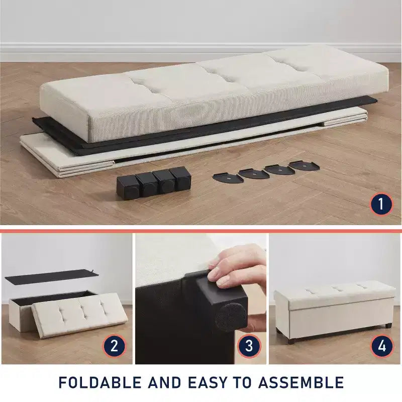 Ornavo Home Foldable Tufted 43 Inch Long Linen Bench Storage Ottoman with Legs for Bedroom, Entryway and Living Room