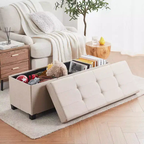 Ornavo Home Foldable Tufted 43 Inch Long Linen Bench Storage Ottoman with Legs for Bedroom, Entryway and Living Room