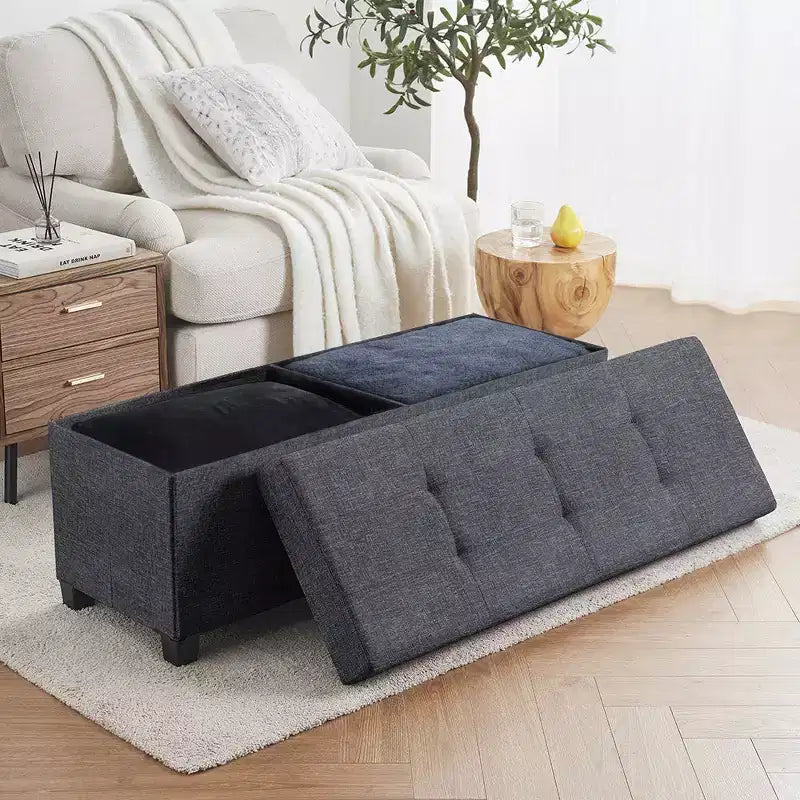 Ornavo Home Foldable Tufted 43 Inch Long Linen Bench Storage Ottoman with Legs for Bedroom, Entryway and Living Room