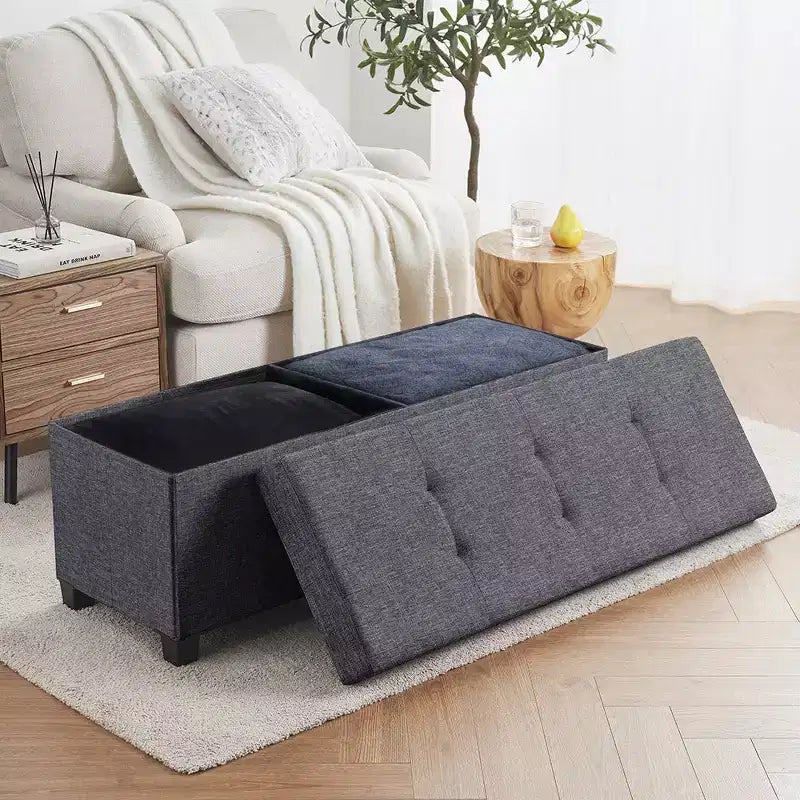 Ornavo Home Foldable Tufted 43 Inch Long Linen Bench Storage Ottoman with Legs for Bedroom, Entryway and Living Room