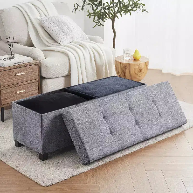 Ornavo Home Foldable Tufted 43 Inch Long Linen Bench Storage Ottoman with Legs for Bedroom, Entryway and Living Room