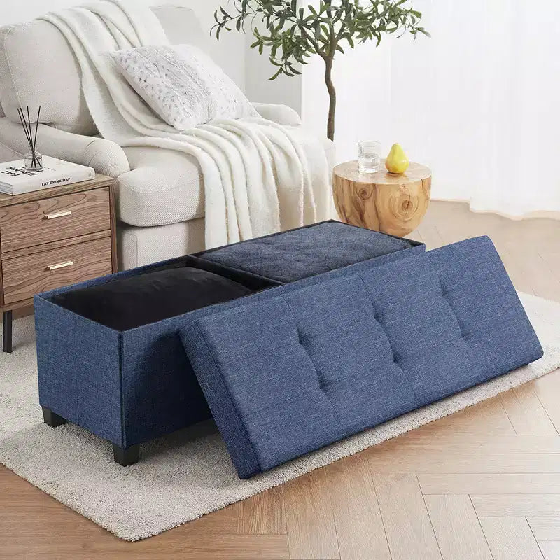 Ornavo Home Foldable Tufted 43 Inch Long Linen Bench Storage Ottoman with Legs for Bedroom, Entryway and Living Room