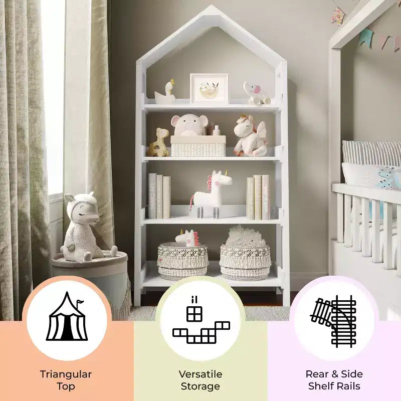 Buzz & Bloom Wood Open Bookshelf with Covered Triangular Top, 4 Shelves, and Squared Legs