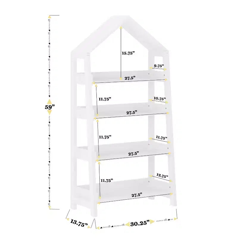 Buzz & Bloom Wood Open Bookshelf with Covered Triangular Top, 4 Shelves, and Squared Legs
