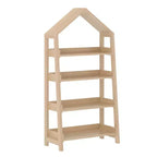 Libreria aperta in legno con parte superiore triangolare coperta, 4 ripiani e gambe squadrate