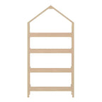 Libreria aperta in legno con parte superiore triangolare coperta, 4 ripiani e gambe squadrate