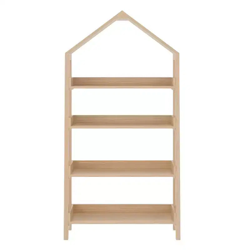 Buzz & Bloom Wood Open Bookshelf with Covered Triangular Top, 4 Shelves, and Squared Legs