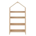 Libreria aperta in legno con parte superiore triangolare coperta, 4 ripiani e gambe squadrate