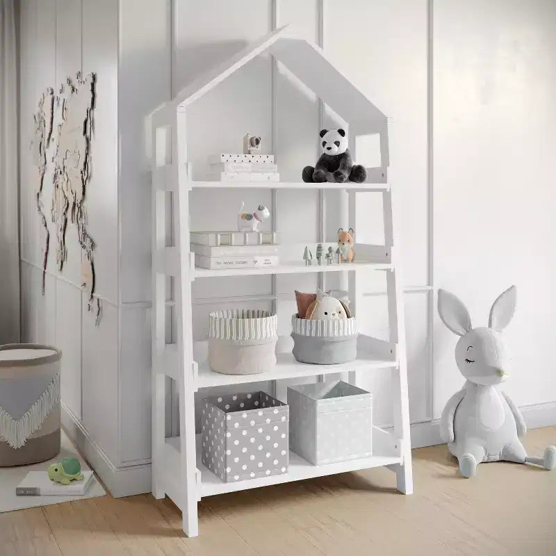 Buzz & Bloom Wood Open Bookshelf with Covered Triangular Top, 4 Shelves, and Squared Legs