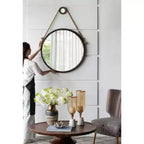 Specchio tondo da appendere da 75 cm con cornice nera e corda