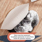 Pouf Contenitore Rotondo Capitonné con Coperchio Sollevabile, Rivestimento in Similpelle e Gambe in Legno