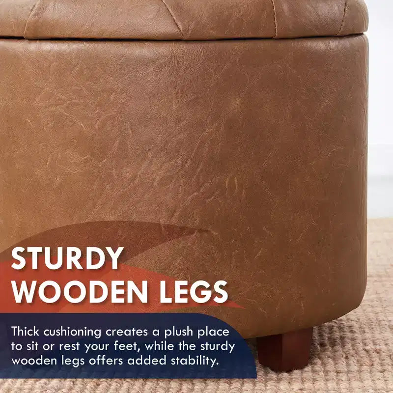 Ornavo Home Faux Leather Upholstered Round Tufted Storage Ottoman with Wooden Legs