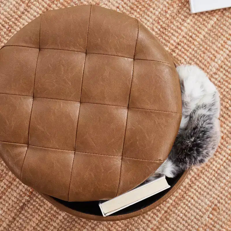 Ornavo Home Faux Leather Upholstered Round Tufted Storage Ottoman with Wooden Legs