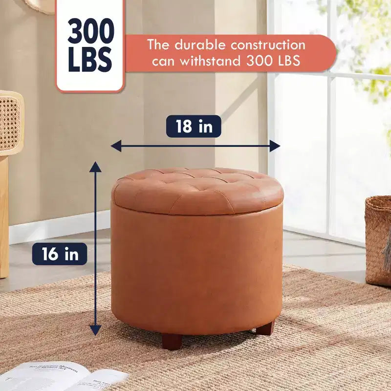 Ornavo Home Faux Leather Upholstered Round Tufted Storage Ottoman with Wooden Legs