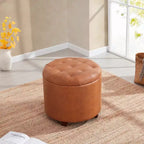 Pouf Contenitore Rotondo Capitonné con Coperchio Sollevabile, Rivestimento in Similpelle e Gambe in Legno