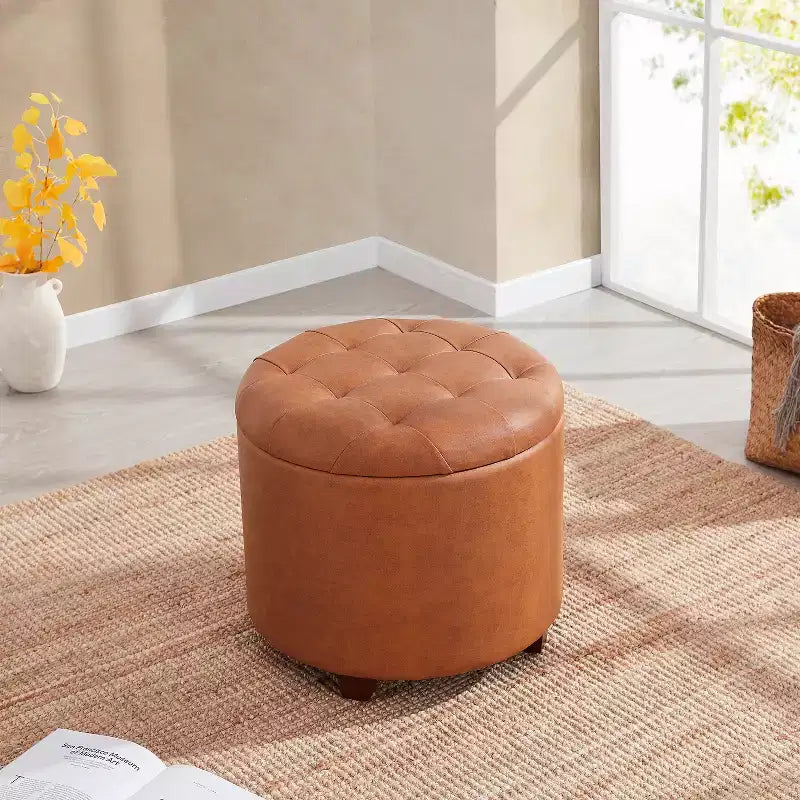 Ornavo Home Faux Leather Upholstered Round Tufted Storage Ottoman with Wooden Legs