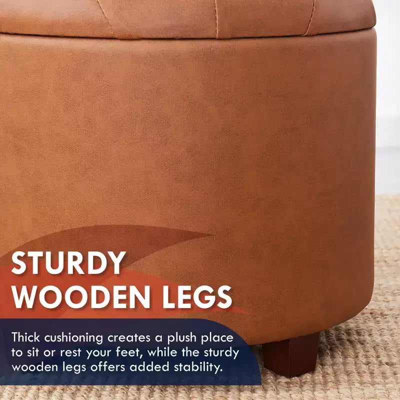Ornavo Home Faux Leather Upholstered Round Tufted Storage Ottoman with Wooden Legs
